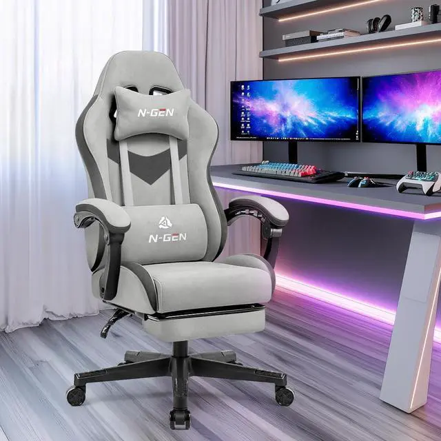 Alt view image 2 of 7 - Video Gaming Chair Office Computer Desk Use Ergonomic Reclining Backrest Adjustable Armrests Lumbar Support Footrest High Density Foam Breathable Fabric Heavy Duty Base (Grey)