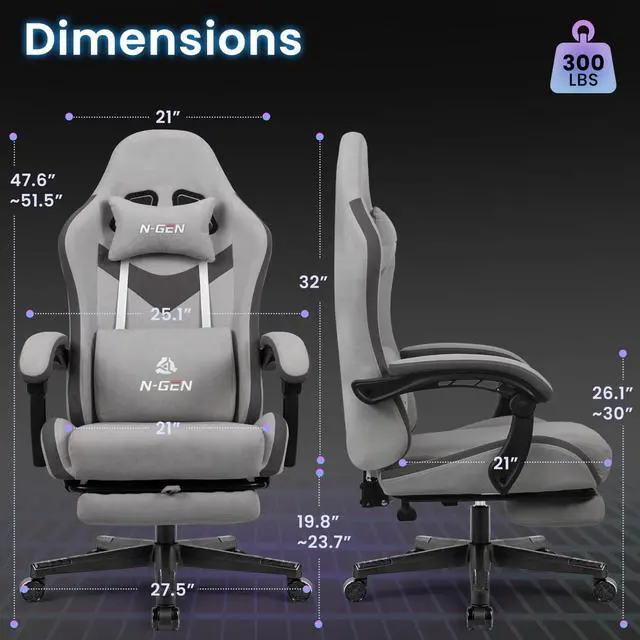Alt view image 3 of 7 - Video Gaming Chair Office Computer Desk Use Ergonomic Reclining Backrest Adjustable Armrests Lumbar Support Footrest High Density Foam Breathable Fabric Heavy Duty Base (Grey)