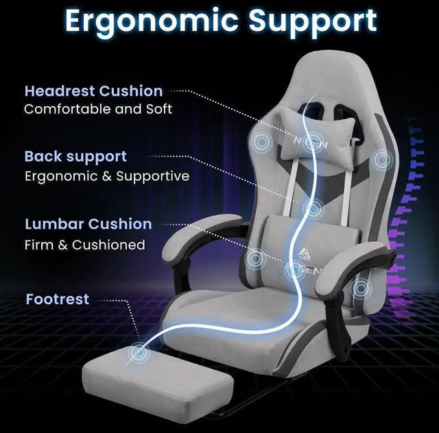 Alt view image 5 of 7 - Video Gaming Chair Office Computer Desk Use Ergonomic Reclining Backrest Adjustable Armrests Lumbar Support Footrest High Density Foam Breathable Fabric Heavy Duty Base (Grey)
