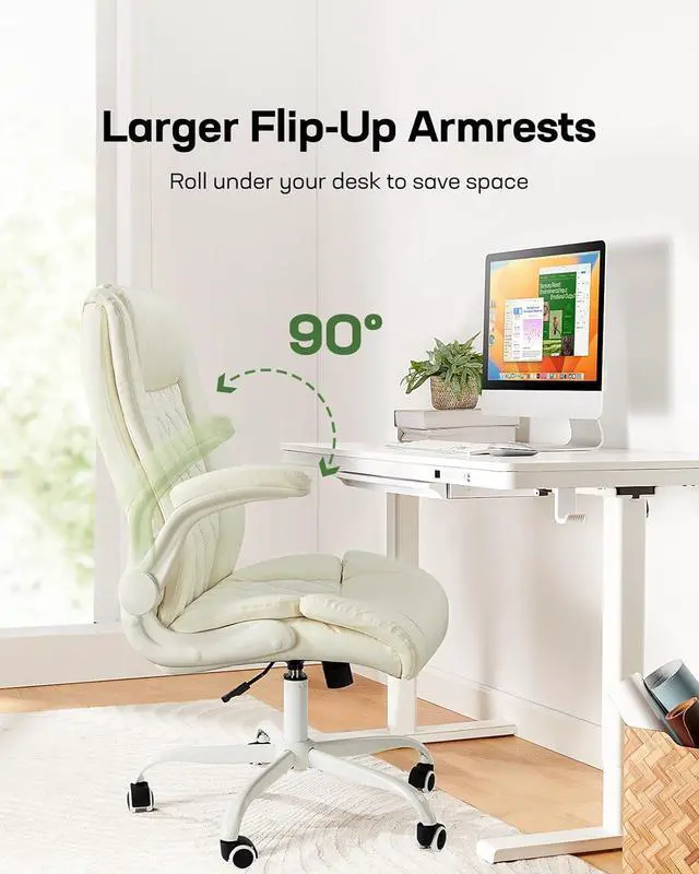 Alt view image 5 of 6 - Executive Office Chair with Flip-up Armrests,PU Leather Ergonomic Desk Chair Height-Adjustable Swivel Rolling Computer Desk Chair (White)