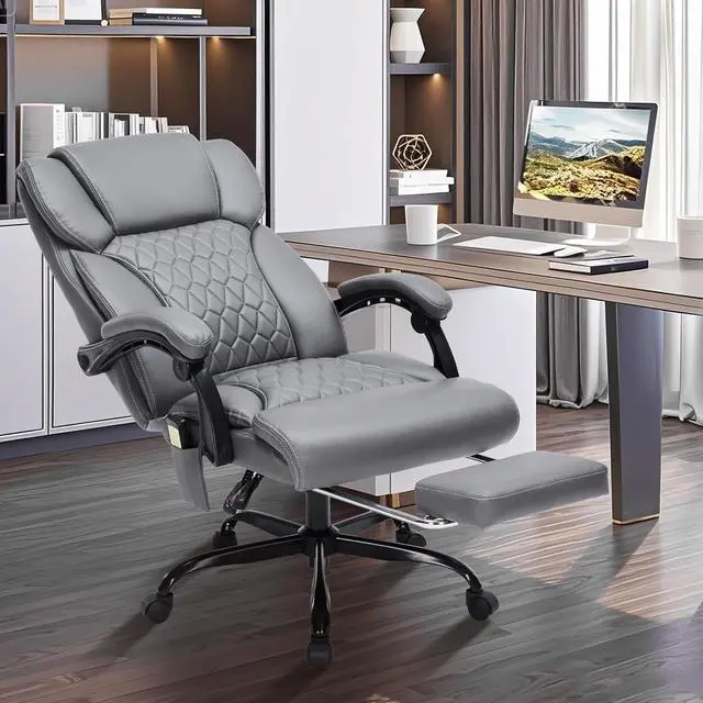 Alt view image 2 of 7 - Massage & Heat Office Chair with Footrest, 400LBS Reclining Ergonomic Executive Chair for Big & Tall, High Back Home Office & Gaming Desk Chairs for Heavy People, Grey
