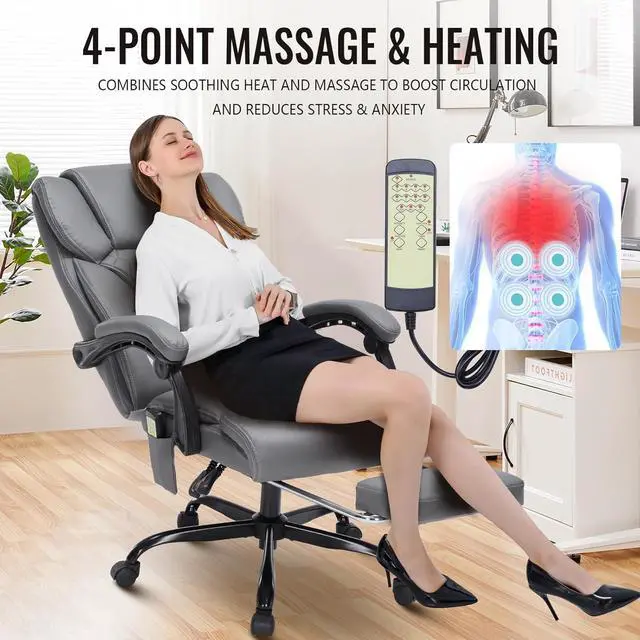 Alt view image 4 of 7 - Massage & Heat Office Chair with Footrest, 400LBS Reclining Ergonomic Executive Chair for Big & Tall, High Back Home Office & Gaming Desk Chairs for Heavy People, Grey