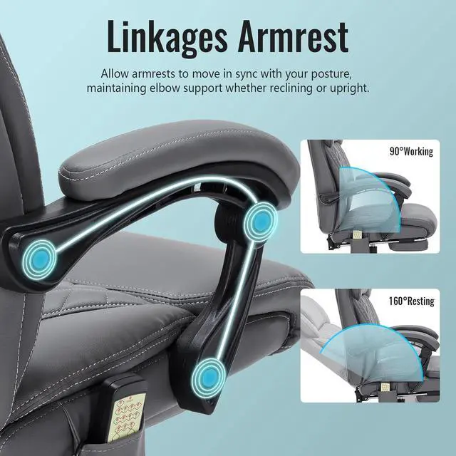Alt view image 6 of 7 - Massage & Heat Office Chair with Footrest, 400LBS Reclining Ergonomic Executive Chair for Big & Tall, High Back Home Office & Gaming Desk Chairs for Heavy People, Grey