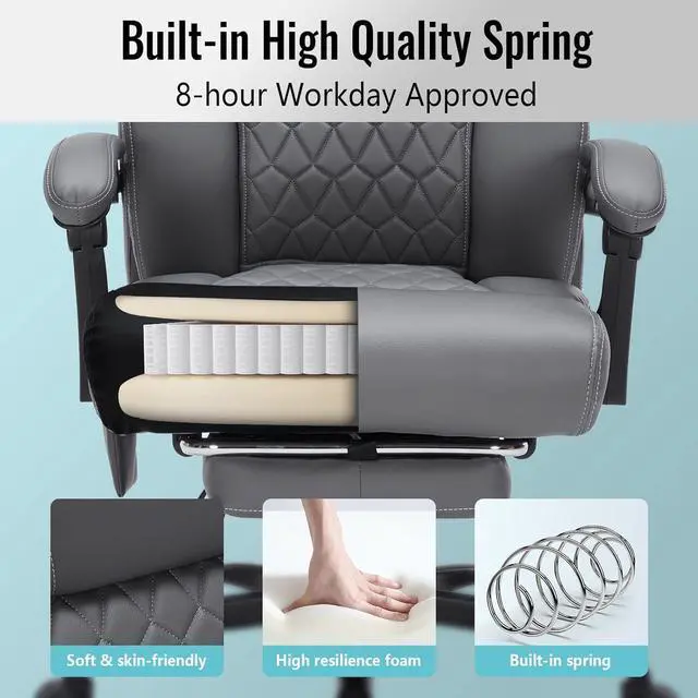 Alt view image 7 of 7 - Massage & Heat Office Chair with Footrest, 400LBS Reclining Ergonomic Executive Chair for Big & Tall, High Back Home Office & Gaming Desk Chairs for Heavy People, Grey