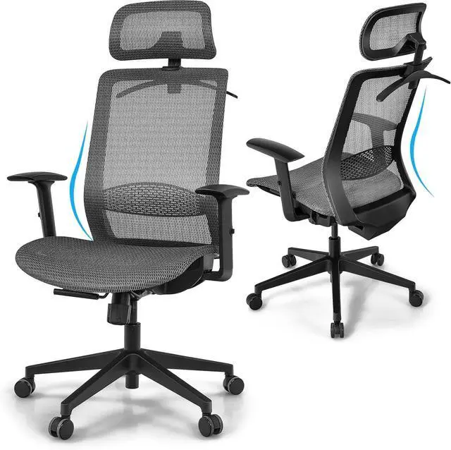 Main image of Ergonomic Mesh Office Chair - High Back Computer Desk Tilt Lock Mesh Seat with Lumbar Support and Clothing Hanger, Executive Swivel Mesh Chair with Adjustable Arms and Headrest (Grey)