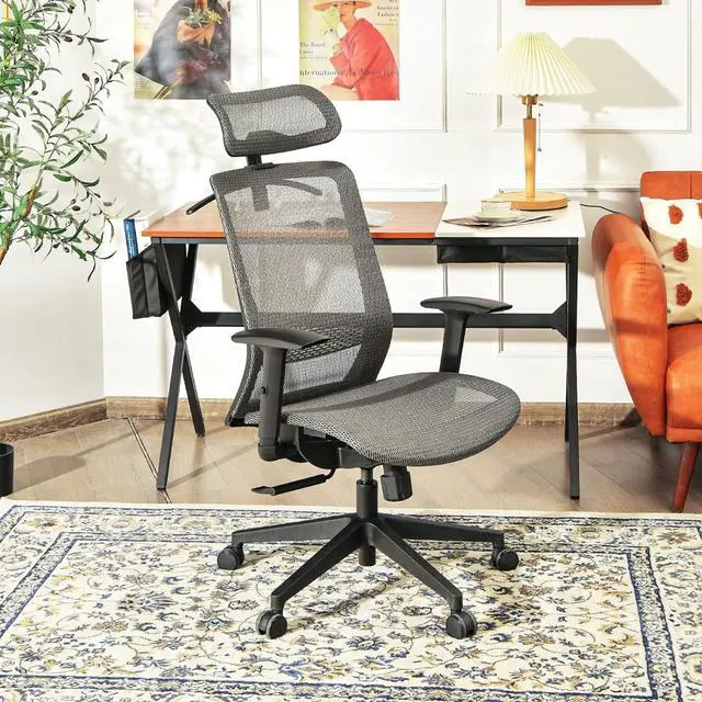 Alt view image 5 of 6 - Ergonomic Mesh Office Chair - High Back Computer Desk Tilt Lock Mesh Seat with Lumbar Support and Clothing Hanger, Executive Swivel Mesh Chair with Adjustable Arms and Headrest (Grey)
