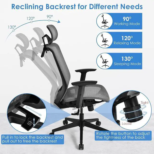 Alt view image 6 of 6 - Ergonomic Mesh Office Chair - High Back Computer Desk Tilt Lock Mesh Seat with Lumbar Support and Clothing Hanger, Executive Swivel Mesh Chair with Adjustable Arms and Headrest (Grey)