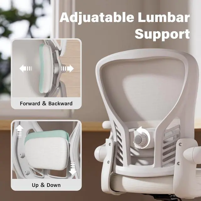 Alt view image 3 of 7 - Computer Desk Chair, Ergonomic Office Desk Chairs with Mesh Back, Adjustable Lumbar Support, Height, 3D Flip-up Arms, Wheels, Rocking Function (All White)