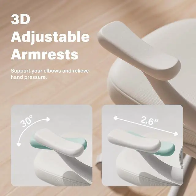 Alt view image 4 of 7 - Computer Desk Chair, Ergonomic Office Desk Chairs with Mesh Back, Adjustable Lumbar Support, Height, 3D Flip-up Arms, Wheels, Rocking Function (All White)