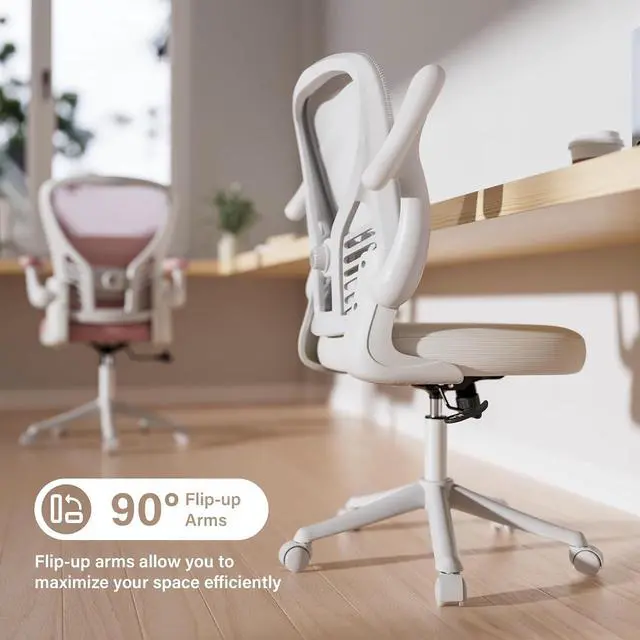 Alt view image 5 of 7 - Computer Desk Chair, Ergonomic Office Desk Chairs with Mesh Back, Adjustable Lumbar Support, Height, 3D Flip-up Arms, Wheels, Rocking Function (All White)