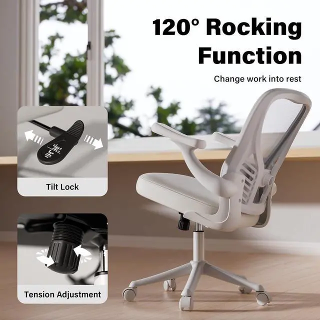 Alt view image 7 of 7 - Computer Desk Chair, Ergonomic Office Desk Chairs with Mesh Back, Adjustable Lumbar Support, Height, 3D Flip-up Arms, Wheels, Rocking Function (All White)