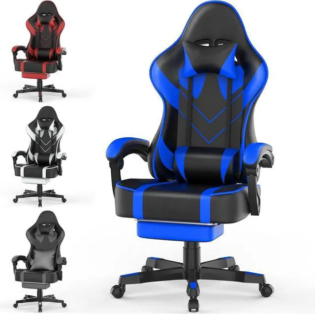 Main image of Blue Gaming Chair with Large Mouse Pad, Ergonomic Computer Office Chair with Wider Seat Cushion, Reclining PU Leather Gamer Chair with Footrest for Adults, High Back Video Game Chair