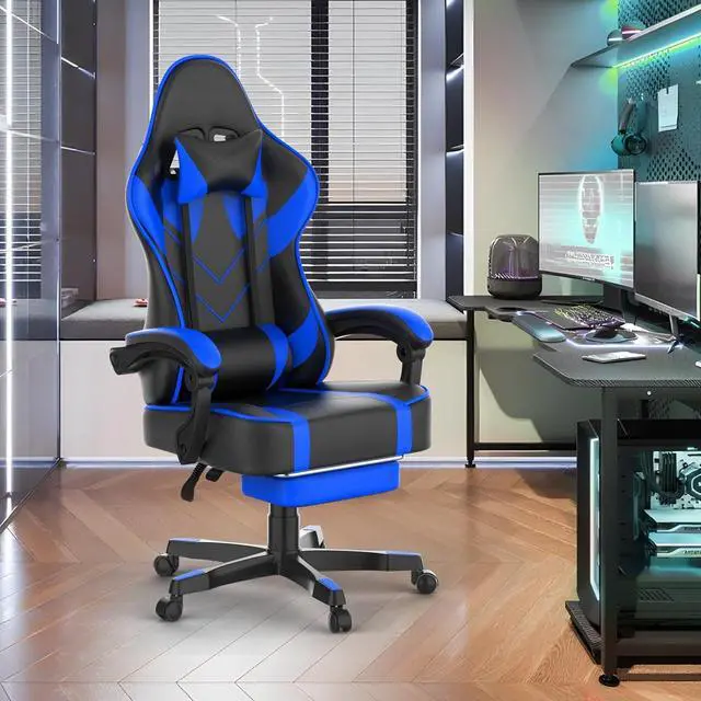 Alt view image 2 of 7 - Blue Gaming Chair with Large Mouse Pad, Ergonomic Computer Office Chair with Wider Seat Cushion, Reclining PU Leather Gamer Chair with Footrest for Adults, High Back Video Game Chair