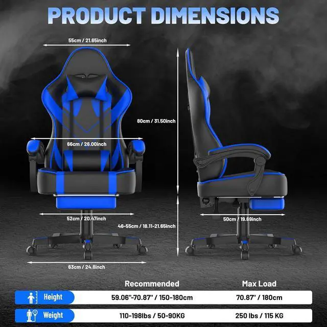 Alt view image 3 of 7 - Blue Gaming Chair with Large Mouse Pad, Ergonomic Computer Office Chair with Wider Seat Cushion, Reclining PU Leather Gamer Chair with Footrest for Adults, High Back Video Game Chair