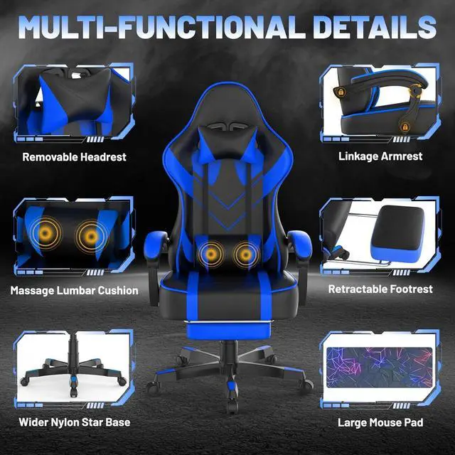 Alt view image 4 of 7 - Blue Gaming Chair with Large Mouse Pad, Ergonomic Computer Office Chair with Wider Seat Cushion, Reclining PU Leather Gamer Chair with Footrest for Adults, High Back Video Game Chair