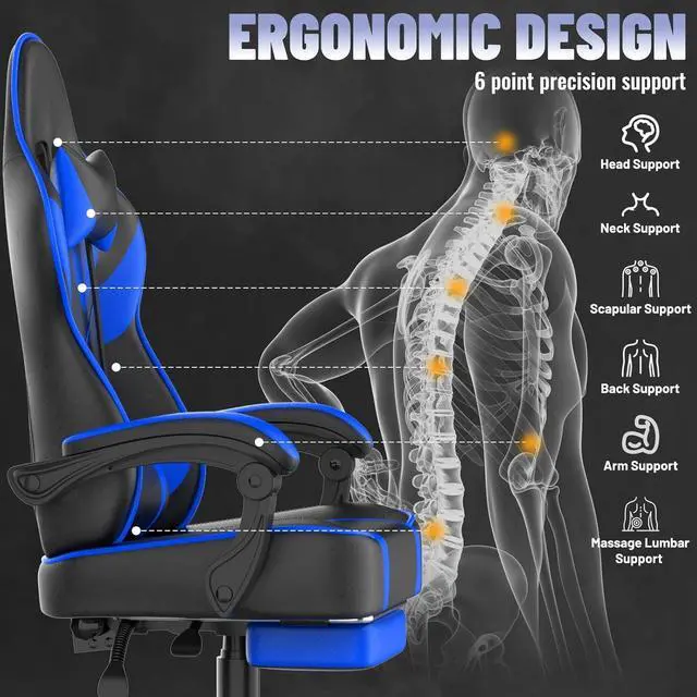 Alt view image 5 of 7 - Blue Gaming Chair with Large Mouse Pad, Ergonomic Computer Office Chair with Wider Seat Cushion, Reclining PU Leather Gamer Chair with Footrest for Adults, High Back Video Game Chair