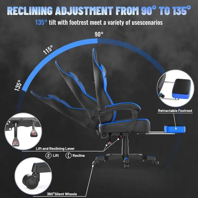 Alt view image 6 of 7 - Blue Gaming Chair with Large Mouse Pad, Ergonomic Computer Office Chair with Wider Seat Cushion, Reclining PU Leather Gamer Chair with Footrest for Adults, High Back Video Game Chair