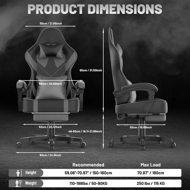 Alt view image 3 of 7 - Grey Gaming Chair with Large Mouse Pad, Ergonomic Computer Office Chair with Wider Seat Cushion, Reclining PU Leather Gamer Chair with Footrest for Adults, High Back Video Game Chair