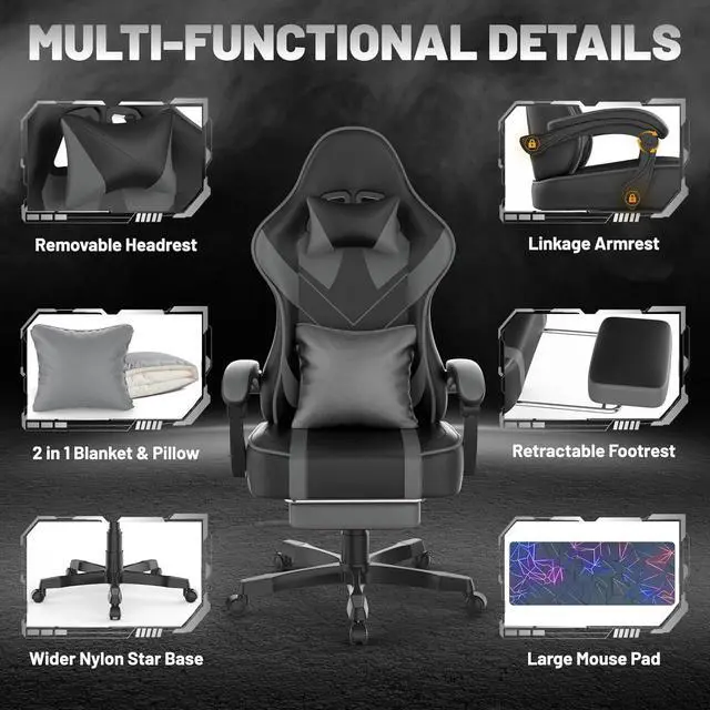 Alt view image 4 of 7 - Grey Gaming Chair with Large Mouse Pad, Ergonomic Computer Office Chair with Wider Seat Cushion, Reclining PU Leather Gamer Chair with Footrest for Adults, High Back Video Game Chair