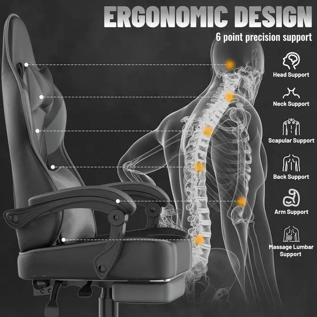 Alt view image 5 of 7 - Grey Gaming Chair with Large Mouse Pad, Ergonomic Computer Office Chair with Wider Seat Cushion, Reclining PU Leather Gamer Chair with Footrest for Adults, High Back Video Game Chair