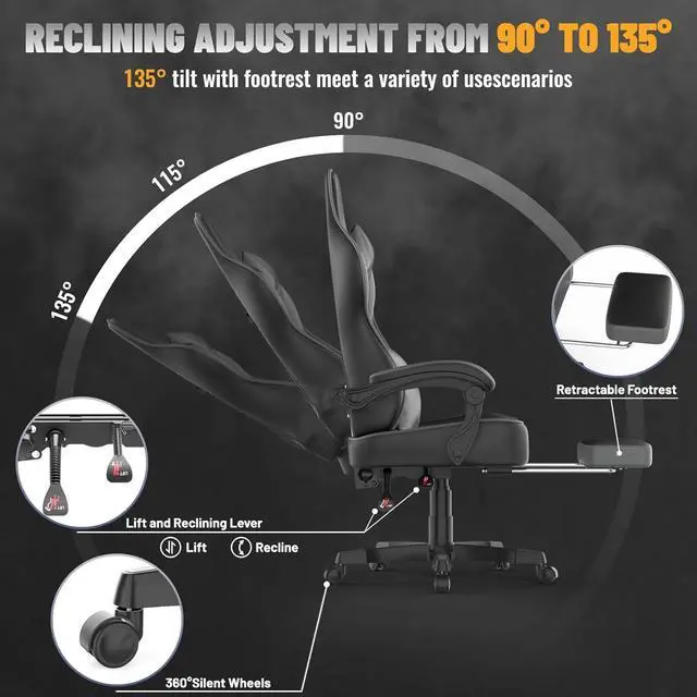 Alt view image 6 of 7 - Grey Gaming Chair with Large Mouse Pad, Ergonomic Computer Office Chair with Wider Seat Cushion, Reclining PU Leather Gamer Chair with Footrest for Adults, High Back Video Game Chair