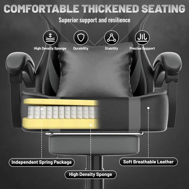 Alt view image 7 of 7 - Grey Gaming Chair with Large Mouse Pad, Ergonomic Computer Office Chair with Wider Seat Cushion, Reclining PU Leather Gamer Chair with Footrest for Adults, High Back Video Game Chair