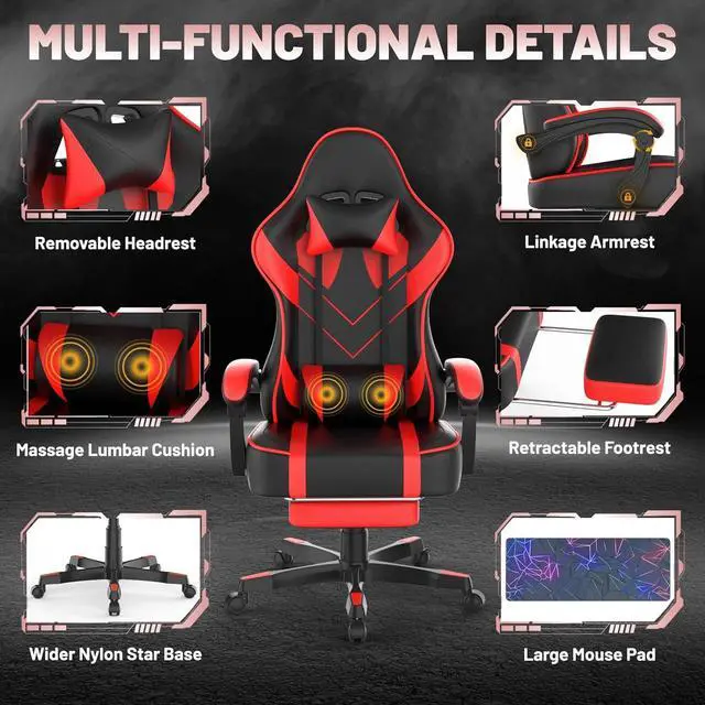 Alt view image 4 of 7 - Red Gaming Chair with Large Mouse Pad, Ergonomic Computer Office Chair with Wider Seat Cushion, Reclining PU Leather Gamer Chair with Footrest for Adults, High Back Video Game Chair