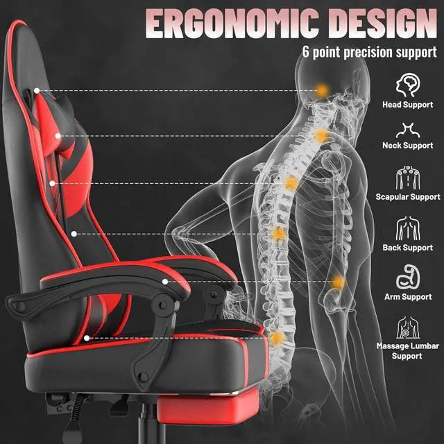 Alt view image 5 of 7 - Red Gaming Chair with Large Mouse Pad, Ergonomic Computer Office Chair with Wider Seat Cushion, Reclining PU Leather Gamer Chair with Footrest for Adults, High Back Video Game Chair