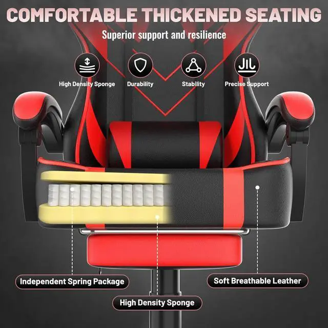 Alt view image 7 of 7 - Red Gaming Chair with Large Mouse Pad, Ergonomic Computer Office Chair with Wider Seat Cushion, Reclining PU Leather Gamer Chair with Footrest for Adults, High Back Video Game Chair