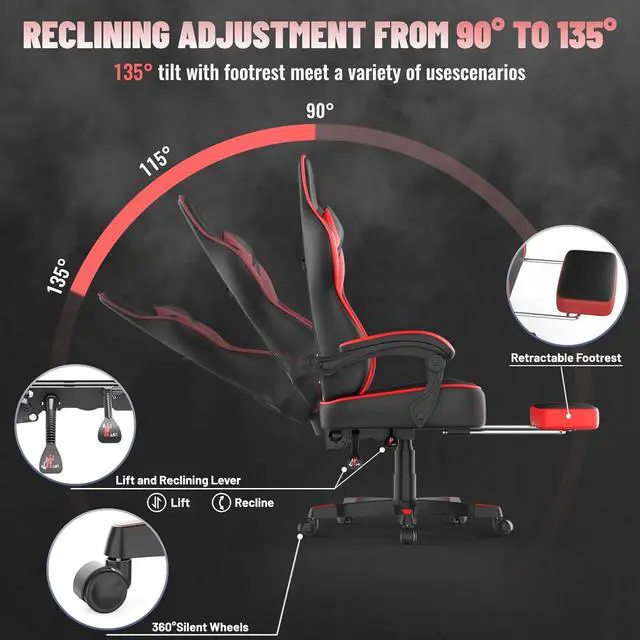 Alt view image 6 of 7 - Red Gaming Chair with Large Mouse Pad, Ergonomic Computer Office Chair with Wider Seat Cushion, Reclining PU Leather Gamer Chair with Footrest for Adults, High Back Video Game Chair