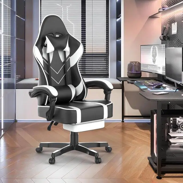 Alt view image 2 of 7 - White Gaming Chair with Large Mouse Pad, Ergonomic Computer Office Chair with Wider Seat Cushion, Reclining PU Leather Gamer Chair with Footrest for Adults, High Back Video Game Chair