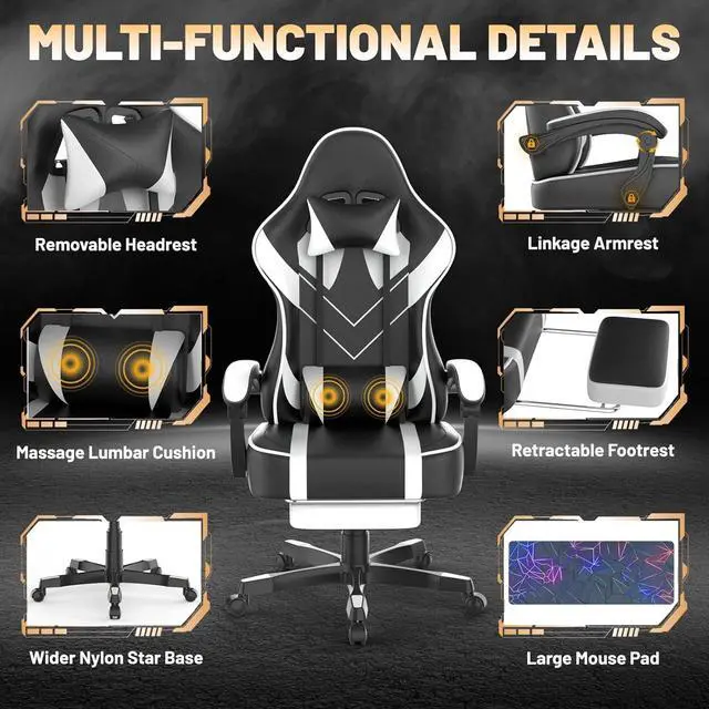 Alt view image 4 of 7 - White Gaming Chair with Large Mouse Pad, Ergonomic Computer Office Chair with Wider Seat Cushion, Reclining PU Leather Gamer Chair with Footrest for Adults, High Back Video Game Chair