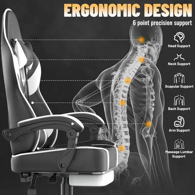 Alt view image 5 of 7 - White Gaming Chair with Large Mouse Pad, Ergonomic Computer Office Chair with Wider Seat Cushion, Reclining PU Leather Gamer Chair with Footrest for Adults, High Back Video Game Chair
