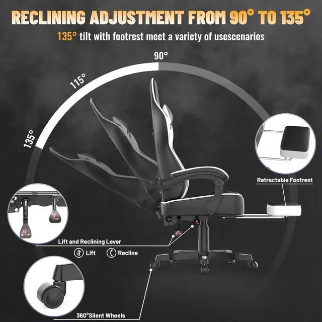 Alt view image 6 of 7 - White Gaming Chair with Large Mouse Pad, Ergonomic Computer Office Chair with Wider Seat Cushion, Reclining PU Leather Gamer Chair with Footrest for Adults, High Back Video Game Chair