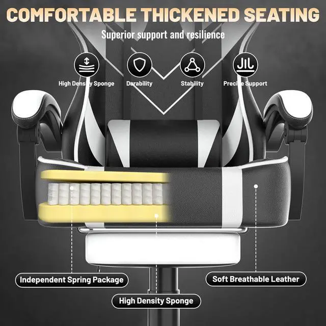 Alt view image 7 of 7 - White Gaming Chair with Large Mouse Pad, Ergonomic Computer Office Chair with Wider Seat Cushion, Reclining PU Leather Gamer Chair with Footrest for Adults, High Back Video Game Chair