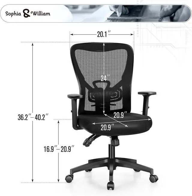 Alt view image 3 of 6 - Ergonomic Rocking Mesh Office Desk Chair High Back, Modern 360° Swivel Executive Computer Chair with Height Adjustable Armrests, Lumbar Support, Black