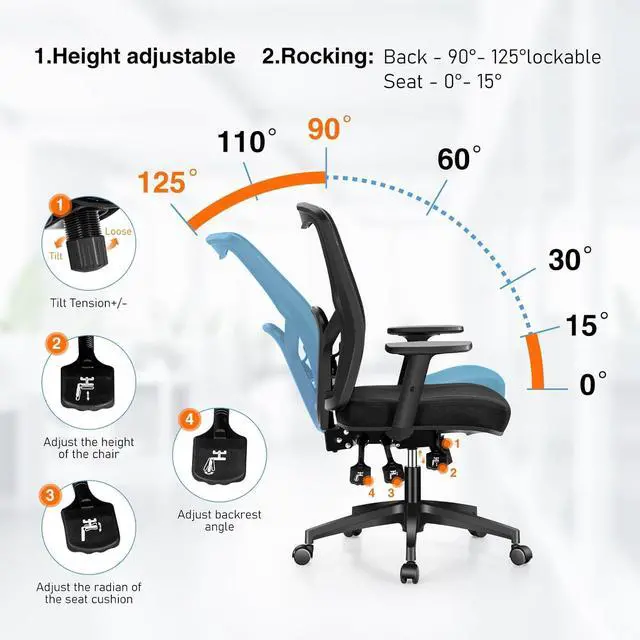 Alt view image 4 of 6 - Ergonomic Rocking Mesh Office Desk Chair High Back, Modern 360° Swivel Executive Computer Chair with Height Adjustable Armrests, Lumbar Support, Black