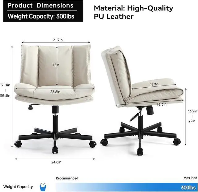 Alt view image 3 of 7 - Criss Cross Chair with Wheels, Armless Cross Legged Office Chair, Comfy PU-Leather Desk Chair, Modern Swivel Height Adjustable Computer Task Chair, Wide Seat Cute Chair for Home Office(Beige)