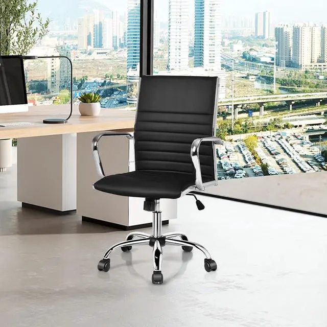 Alt view image 2 of 7 - Ribbed Office Chair, Ergonomic Modern Leather Desk Chair with Adjustable Height & Arms, Swivel Mid Back Executive Conference Room Chairs for Meeting Room, Black