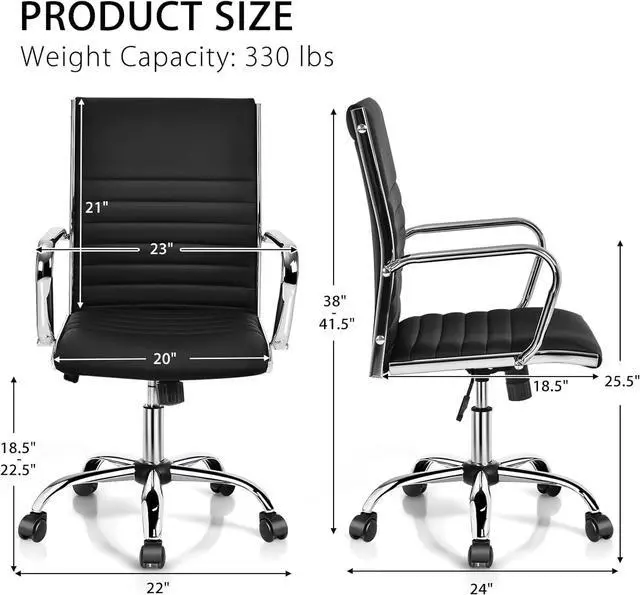 Alt view image 3 of 7 - Ribbed Office Chair, Ergonomic Modern Leather Desk Chair with Adjustable Height & Arms, Swivel Mid Back Executive Conference Room Chairs for Meeting Room, Black