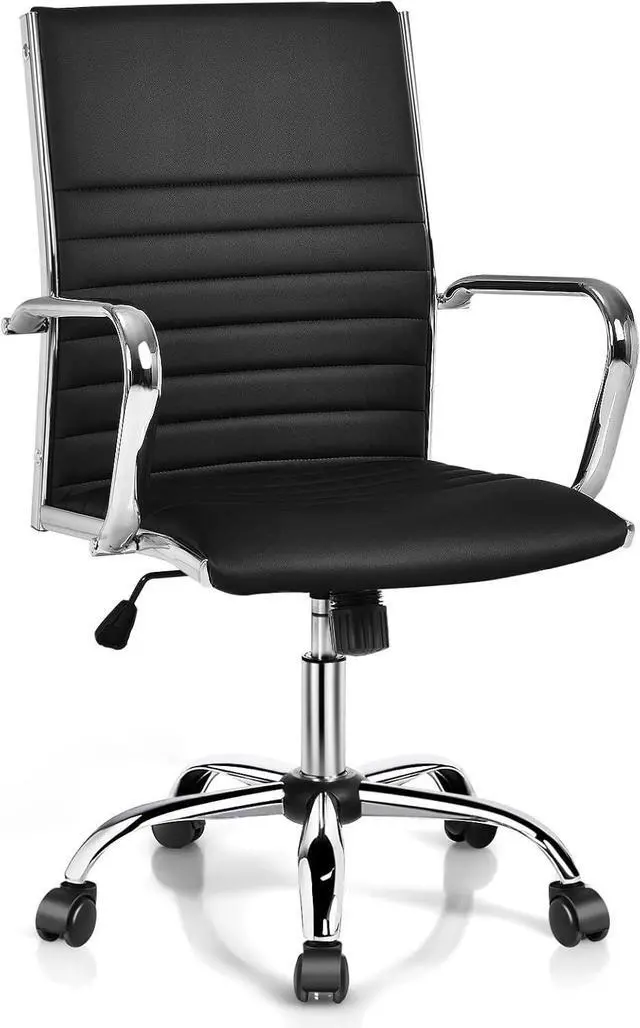 Main image of Ribbed Office Chair, Ergonomic Modern Leather Desk Chair with Adjustable Height & Arms, Swivel Mid Back Executive Conference Room Chairs for Meeting Room, Black