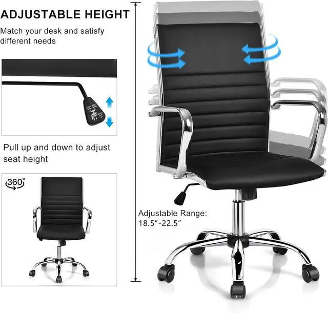 Alt view image 4 of 7 - Ribbed Office Chair, Ergonomic Modern Leather Desk Chair with Adjustable Height & Arms, Swivel Mid Back Executive Conference Room Chairs for Meeting Room, Black