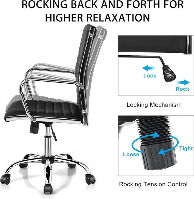 Alt view image 5 of 7 - Ribbed Office Chair, Ergonomic Modern Leather Desk Chair with Adjustable Height & Arms, Swivel Mid Back Executive Conference Room Chairs for Meeting Room, Black