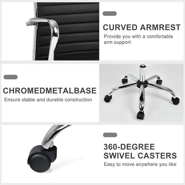 Alt view image 6 of 7 - Ribbed Office Chair, Ergonomic Modern Leather Desk Chair with Adjustable Height & Arms, Swivel Mid Back Executive Conference Room Chairs for Meeting Room, Black