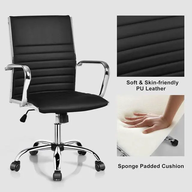 Alt view image 7 of 7 - Ribbed Office Chair, Ergonomic Modern Leather Desk Chair with Adjustable Height & Arms, Swivel Mid Back Executive Conference Room Chairs for Meeting Room, Black