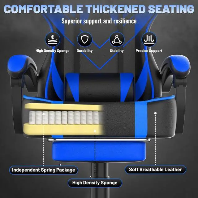 Alt view image 7 of 7 - Blue Gaming Chair with Large Mouse Pad, Ergonomic Computer Office Chair with Wider Seat Cushion, Reclining PU Leather Gamer Chair with Footrest for Adults, High Back Video Game Chair