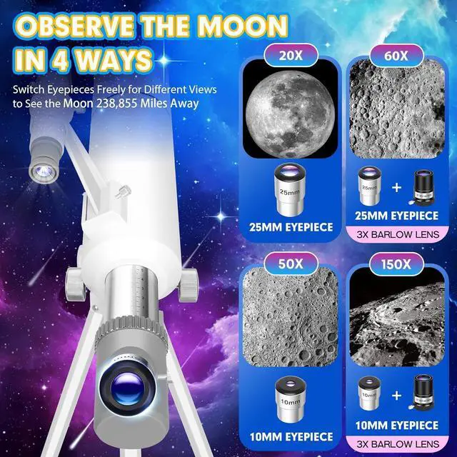 Alt view image 4 of 7 - Telescope for Adults & Kids  80mm Aperture 500mm Telescopes for Adults Astronomy, (20X-150X) Portable Refractor Telescope Kit for Beginners with Decorate Stickers, AZ Tripod, Phone Adapter