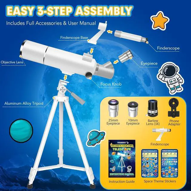 Alt view image 6 of 7 - Telescope for Adults & Kids  80mm Aperture 500mm Telescopes for Adults Astronomy, (20X-150X) Portable Refractor Telescope Kit for Beginners with Decorate Stickers, AZ Tripod, Phone Adapter