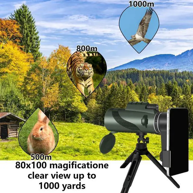 Alt view image 4 of 7 - Monocular-Telescope 80x100 High Powered Monoculars High Definition for Adults High Powered with Smartphone Adapter Telescope Hunting Wildlife Bird Watching Travel Camping Hiking-Green