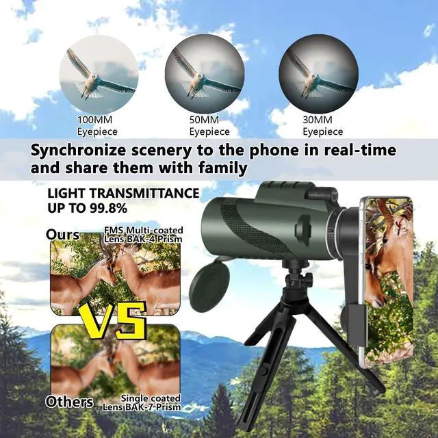 Alt view image 6 of 7 - Monocular-Telescope 80x100 High Powered Monoculars High Definition for Adults High Powered with Smartphone Adapter Telescope Hunting Wildlife Bird Watching Travel Camping Hiking-Green